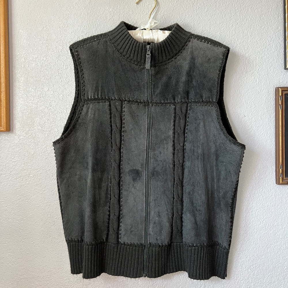90s Vintage Genuine Suede Grey Vest with Knitted Back and Neck